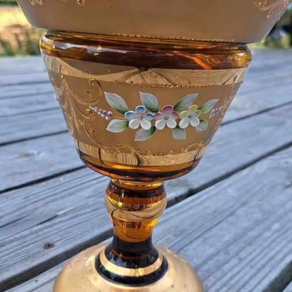 Antique BOHEMIAN Gold Gilt ENAMEL Amber Glass PEDESTAL Candy Jar Dish W/Lid - Picture 3 of 7